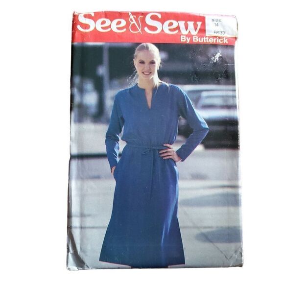 Vintage 80s Butterick Pattern 6633 Uncut Loose Drawstring Dress Sz 14 - Picture 1 of 2